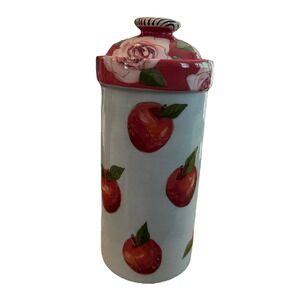 Droll Designs Hand Painted Floral Fruit Ceramic Canister Jar Lid Cottage 10.5"